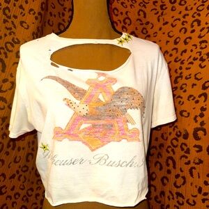 ReWorked Budweiser Distressed Beaded Graphic Crop Top Sz Sm
